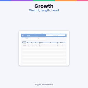 May include: A digital growth tracker planner page displayed on a screen, featuring the title Growth, Weight, length, head, and a table with columns for date, weight, length, head, and notes. The BrightCellPlanners logo is at the bottom.