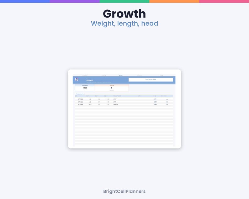 May include: A digital growth tracker planner page displayed on a screen, featuring the title Growth, Weight, length, head, and a table with columns for date, weight, length, head, and notes. The BrightCellPlanners logo is at the bottom.