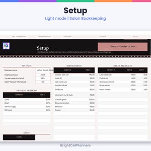 K&ouml;nnte beinhalten: Ein digitales Buchhaltungs-Dashboard f&uuml;r Salons im Light-Modus. Die Benutzeroberfl&auml;che zeigt Bereiche f&uuml;r Einstellungen, Servicemen&uuml;, Einzelhandelsprodukte, Zahlungsmethoden und Personal. Text: Velvet 8 Lash Studio, 13. Oktober 2026, BrightCellPlanners.