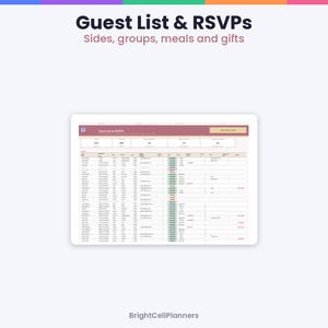 May include: A digital guest list and RSVP tracker displayed on a tablet screen. The interface features a header titled Guest List & RSVPs: Sides, groups, meals and gifts, with columns for names, contact details, meal choices, and gift tracking.