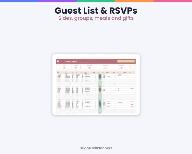 May include: A digital guest list and RSVP tracker displayed on a tablet screen. The interface features a header titled Guest List & RSVPs: Sides, groups, meals and gifts, with columns for names, contact details, meal choices, and gift tracking.