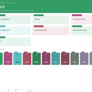 May include: A digital planner index page for 2027 titled Index, featuring a green header, side navigation tabs, and clickable tiles for Year at a glance, Setup, Variable Tasks, Recurring Tasks, Task Schedule, Weekly Calendar, and Notes.