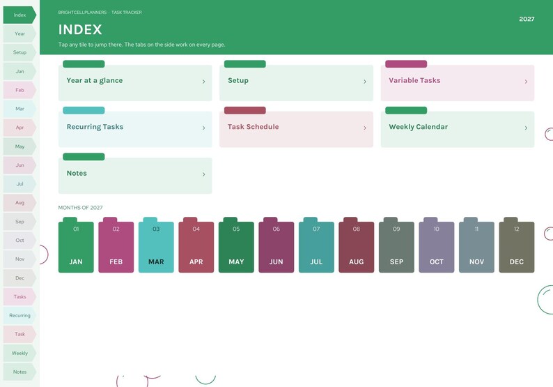 May include: A digital planner index page for 2027 titled Index, featuring a green header, side navigation tabs, and clickable tiles for Year at a glance, Setup, Variable Tasks, Recurring Tasks, Task Schedule, Weekly Calendar, and Notes.