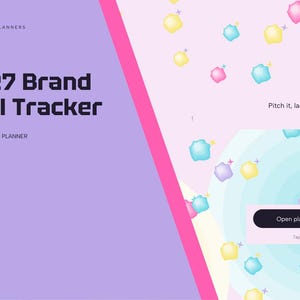 May include: A digital planner titled 2027 Brand Deal Tracker by Brightcellplanners. The interface features a purple left panel and a light pink right panel with scattered colorful star icons, the text Pitch it, land it, get paid, and a button labeled Open planner.