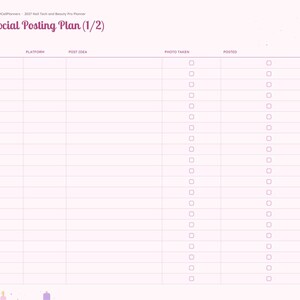 May include: A light pink digital planner page titled Social Posting Plan (1/2) with columns for date, platform, post idea, photo taken, posted, and likes. The left sidebar contains navigation tabs for months and categories.