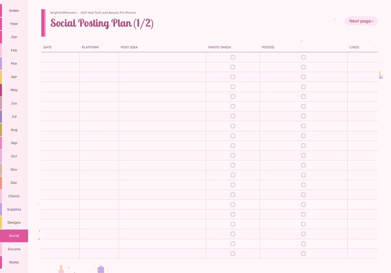 May include: A light pink digital planner page titled Social Posting Plan (1/2) with columns for date, platform, post idea, photo taken, posted, and likes. The left sidebar contains navigation tabs for months and categories.