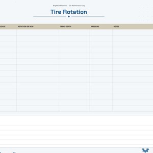 May include: A digital tire rotation log page with a header reading Tire Rotation and BrightCellPlanners Car Maintenance Log. The table includes columns for date, mileage, rotation or new, tread depth, pressure, and notes, with a notes section below.