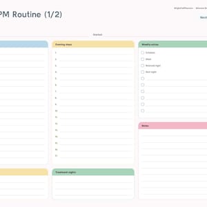 May include: A digital skincare routine planner page titled AM and PM Routine (1/2). It features sections for Morning steps, Evening steps, Weekly extras, Sunscreen, Treatment nights, and Notes, with checkboxes and lined spaces for daily tracking.