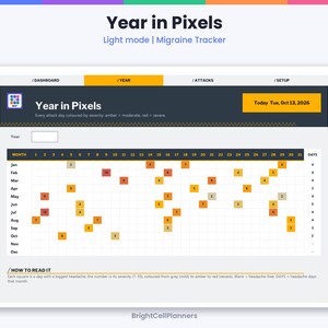 Puede incluir: Una interfaz digital de seguimiento de migra&ntilde;as Year in Pixels en modo claro. El panel muestra una cuadr&iacute;cula de meses y d&iacute;as con cuadrados de colores que representan la gravedad de la migra&ntilde;a, con texto como Year in Pixels y Today Tue, Oct 13, 2026.