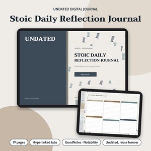 May include: A digital journal displayed on two tablet screens. The larger screen shows a cover titled Stoic Daily Reflection Journal with column icons. The smaller screen displays an Evening Review page with lined sections and hyperlinked tabs.