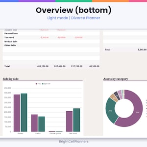 K&ouml;nnte beinhalten: Eine digitale Scheidungsplaner-Oberfl&auml;che im Light-Modus mit dem Titel Overview (bottom). Sie zeigt eine Finanz&uuml;bersicht mit Krediten und Schulden, ein Balkendiagramm zum Vergleich von Verm&ouml;genswerten und Schulden sowie ein Ringdiagramm.