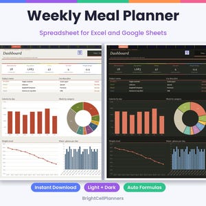 May include: A digital weekly meal planner spreadsheet for Excel and Google Sheets featuring light and dark mode dashboard views. The interface displays data tables, bar charts, a donut chart, and line graphs tracking calories, weight trends, and water intake.