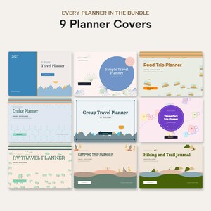 May include: A digital bundle featuring 9 planner covers with the text EVERY PLANNER IN THE BUNDLE 9 Planner Covers. The designs include Travel Planner, Simple Travel Planner, Road Trip Planner, Cruise Planner, Group Travel Planner, Theme Park Trip Planner, RV TRAVEL PLANNER, CAMPING TRIP PLANNER, and Hiking and Trail Journal.