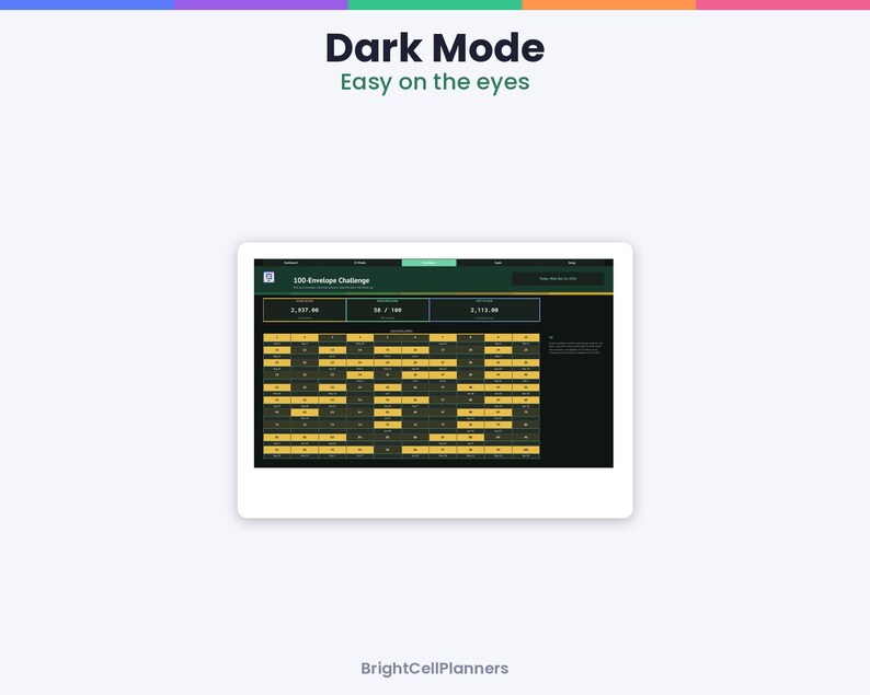 May include: A digital 100-Envelope Challenge tracker in dark mode with a black background and yellow numbered boxes. The interface displays progress metrics, including total saved and remaining amounts, with the text Dark Mode Easy on the eyes.