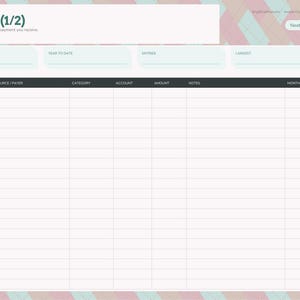 Op de afbeelding: Een digitale inkomsten-tracker spreadsheetpagina met een koptekst gelabeld Income (1/2) en Log every payment you receive. De tabel bevat kolommen voor Date, Source/Payer, Category, Account, Amount, Notes en Month, met een zijbalk met tabbladen.