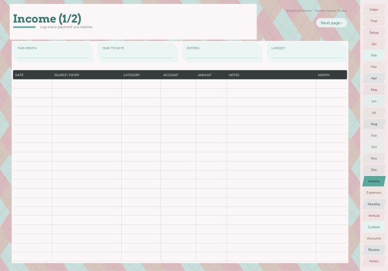 Op de afbeelding: Een digitale inkomsten-tracker spreadsheetpagina met een koptekst gelabeld Income (1/2) en Log every payment you receive. De tabel bevat kolommen voor Date, Source/Payer, Category, Account, Amount, Notes en Month, met een zijbalk met tabbladen.