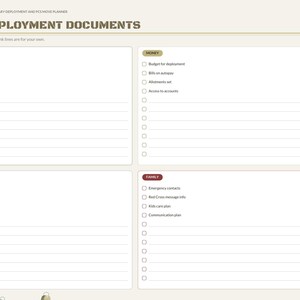 May include: A digital planner page titled PRE-DEPLOYMENT DOCUMENTS with four sections: LEGAL, MONEY, HOME AND CAR, and FAMILY. Each section contains checkboxes and lined spaces for notes. A sidebar lists navigation tabs including Index and Orders.