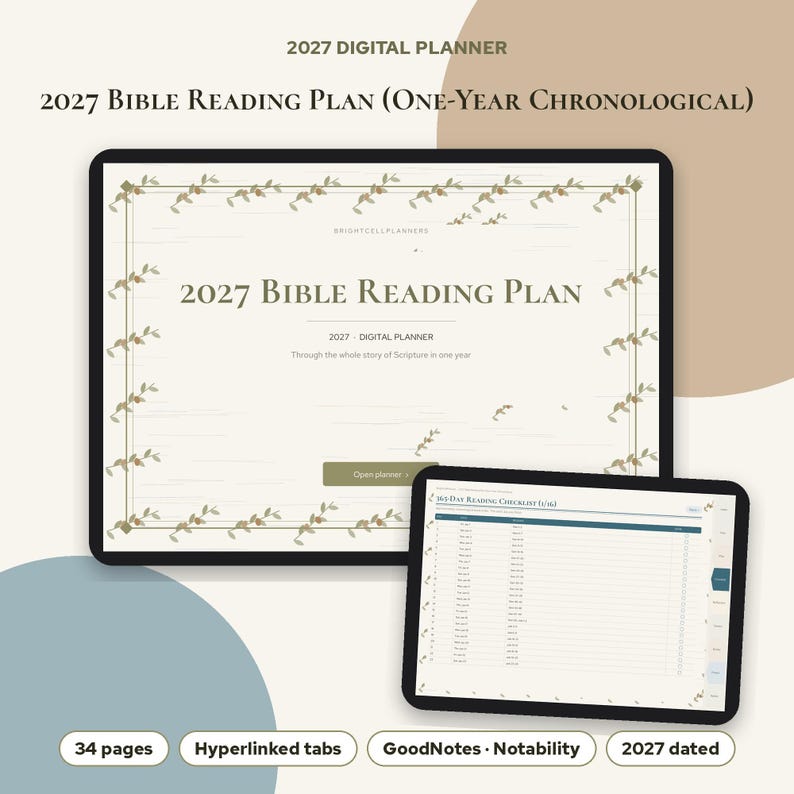 May include: A 2027 digital Bible reading plan planner displayed on two tablet screens. The main screen shows a title page with a leaf border and the text 2027 Bible Reading Plan. The smaller screen displays a 365-day reading checklist.