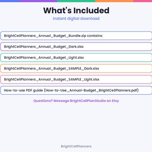 May include: A digital file list titled What's Included featuring BrightCellPlanners_Annual_Budget_Bundle.zip, BrightCellPlanners_Annual_Budget_Dark.xlsx, BrightCellPlanners_Annual_Budget_Light.xlsx, BrightCellPlanners_Annual_Budget_SAMPLE_Dark.xlsx, BrightCellPlanners_Annual_Budget_SAMPLE_Light.xlsx, and a How-to-use PDF guide.