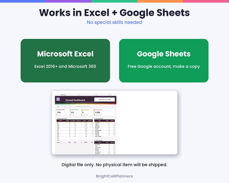 Puede incluir: Una plantilla de hoja de c&aacute;lculo de panel anual digital compatible con Microsoft Excel 2016 y versiones posteriores, Microsoft 365 y Google Sheets. La interfaz muestra tablas de datos, m&eacute;tricas y gr&aacute;ficos para el seguimiento del rendimiento.