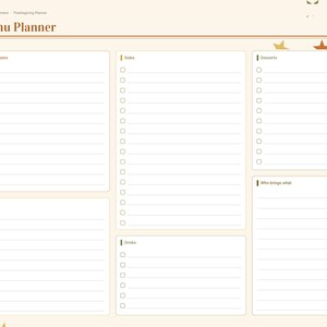 Puede incluir: Una p&aacute;gina de planificador de men&uacute;s digital con fondo crema y detalles de hojas de oto&ntilde;o. El dise&ntilde;o incluye secciones para aperitivos, acompa&ntilde;amientos, postres, platos principales, bebidas y qui&eacute;n trae qu&eacute;, con listas de verificaci&oacute;n.
