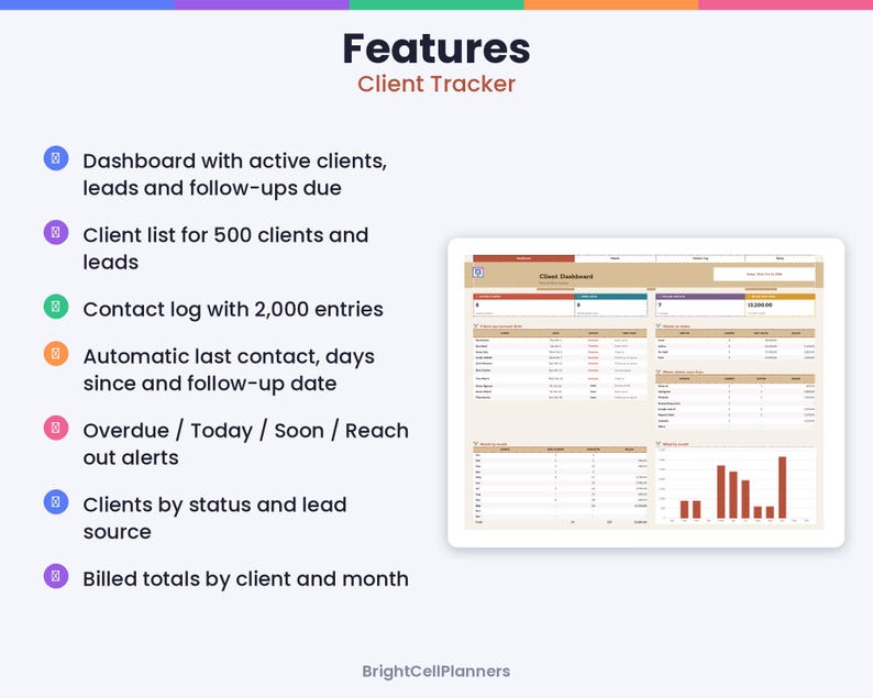 May include: A digital client tracker dashboard featuring a list of features including a dashboard with active clients, a 500-client list, a 2,000-entry contact log, automated follow-up dates, status alerts, lead source tracking, and billed totals.