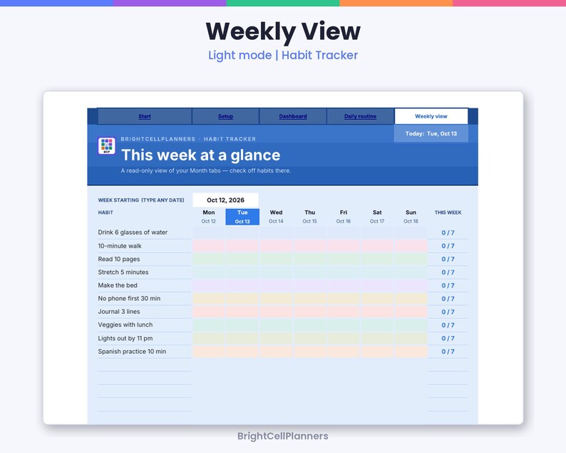 May include: A digital weekly habit tracker planner page titled This week at a glance. The layout features a table with rows for habits like drinking water and walking, and columns for days of the week from Monday to Sunday with a progress tracker.