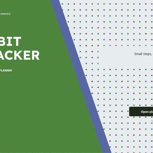 May include: A digital habit tracker planner for 2027 by Brightcellplanners. The cover features a green left side and a light gray dotted right side separated by a blue diagonal line. Text reads: HABIT TRACKER, 2027, Small steps, counted kindly, and Open planner.