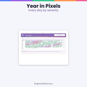 Puede incluir: Una plantilla digital de seguimiento Year in Pixels con un dise&ntilde;o de cuadr&iacute;cula donde los meses aparecen verticalmente y los d&iacute;as horizontalmente. La interfaz muestra un gr&aacute;fico codificado por colores con cuadrados morados, rosas y verdes.