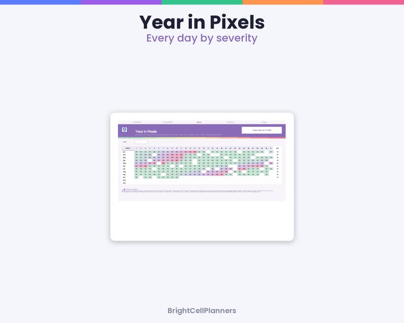 Puede incluir: Una plantilla digital de seguimiento Year in Pixels con un dise&ntilde;o de cuadr&iacute;cula donde los meses aparecen verticalmente y los d&iacute;as horizontalmente. La interfaz muestra un gr&aacute;fico codificado por colores con cuadrados morados, rosas y verdes.
