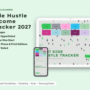 Puede incluir: Un planificador digital Side Hustle Income Tracker 2027 mostrado en una pantalla de tableta y tel&eacute;fono inteligente. La interfaz presenta un fondo gris claro con patrones de rayos negros, botones de navegaci&oacute;n mensuales coloridos y el texto 2027 SIDE HUSTLE TRACKER.