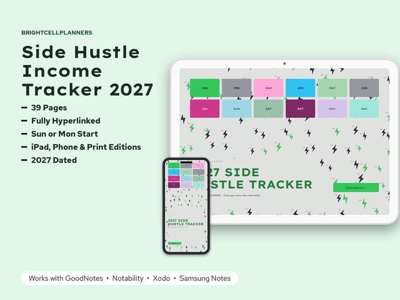 Puede incluir: Un planificador digital Side Hustle Income Tracker 2027 mostrado en una pantalla de tableta y tel&eacute;fono inteligente. La interfaz presenta un fondo gris claro con patrones de rayos negros, botones de navegaci&oacute;n mensuales coloridos y el texto 2027 SIDE HUSTLE TRACKER.