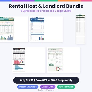 May include: A digital Rental Host & Landlord Bundle featuring 5 spreadsheets for Excel and Google Sheets. The display includes various dashboard views with financial data, bar charts, and pie graphs, alongside text labels for instant download and auto formulas.