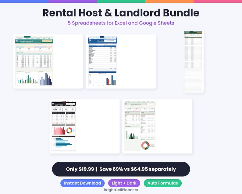 May include: A digital Rental Host & Landlord Bundle featuring 5 spreadsheets for Excel and Google Sheets. The display includes various dashboard views with financial data, bar charts, and pie graphs, alongside text labels for instant download and auto formulas.