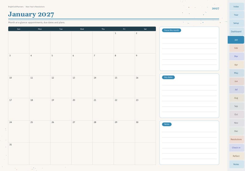 May include: A digital planner page for January 2027 featuring a monthly calendar grid, a section for appointments and plans, and a sidebar with tabs for Index, Year, Setup, Dashboard, months, Resolutions, Check-in, Reflect, and Notes.