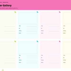 Pu&ograve; includere: Una pagina di agenda digitale intitolata Cover Gallery per il 2027, con otto riquadri rettangolari per schizzi o adesivi. Ogni riquadro include righe per Title, By, Rating e Notes. Il layout presenta un'intestazione rosa e una barra laterale.