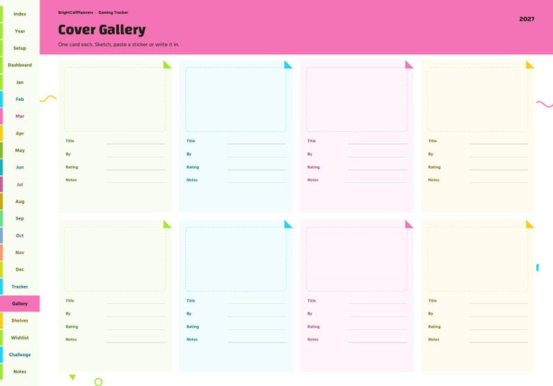 Pu&ograve; includere: Una pagina di agenda digitale intitolata Cover Gallery per il 2027, con otto riquadri rettangolari per schizzi o adesivi. Ogni riquadro include righe per Title, By, Rating e Notes. Il layout presenta un'intestazione rosa e una barra laterale.