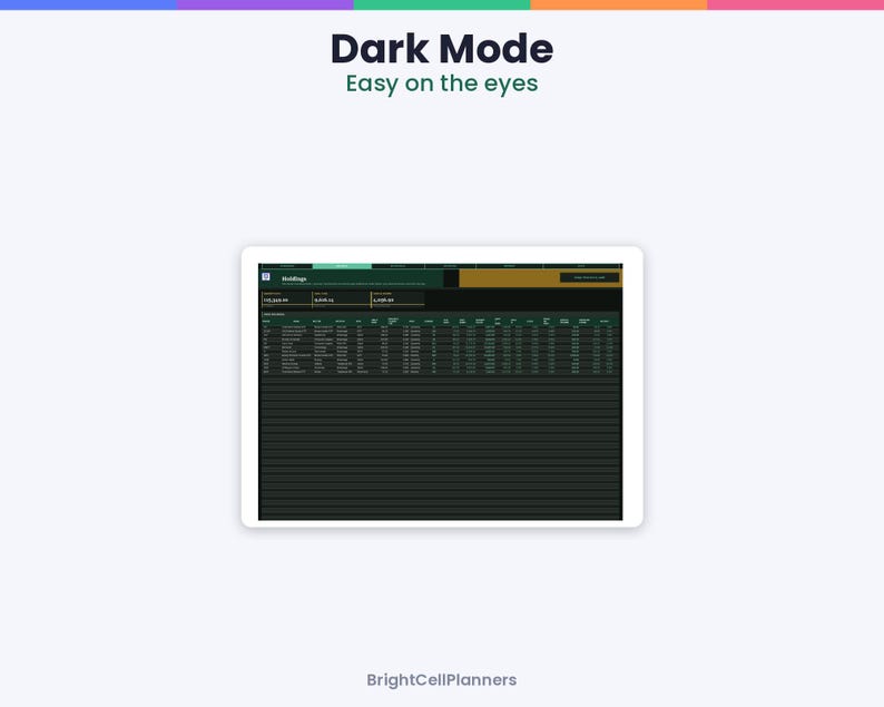 Puede incluir: Una tableta digital muestra una interfaz de hoja de c&aacute;lculo en modo oscuro con esquemas de color verde y negro. La pantalla muestra el texto Dark Mode, Easy on the eyes y BrightCellPlanners. La hoja de c&aacute;lculo contiene filas de datos financieros.