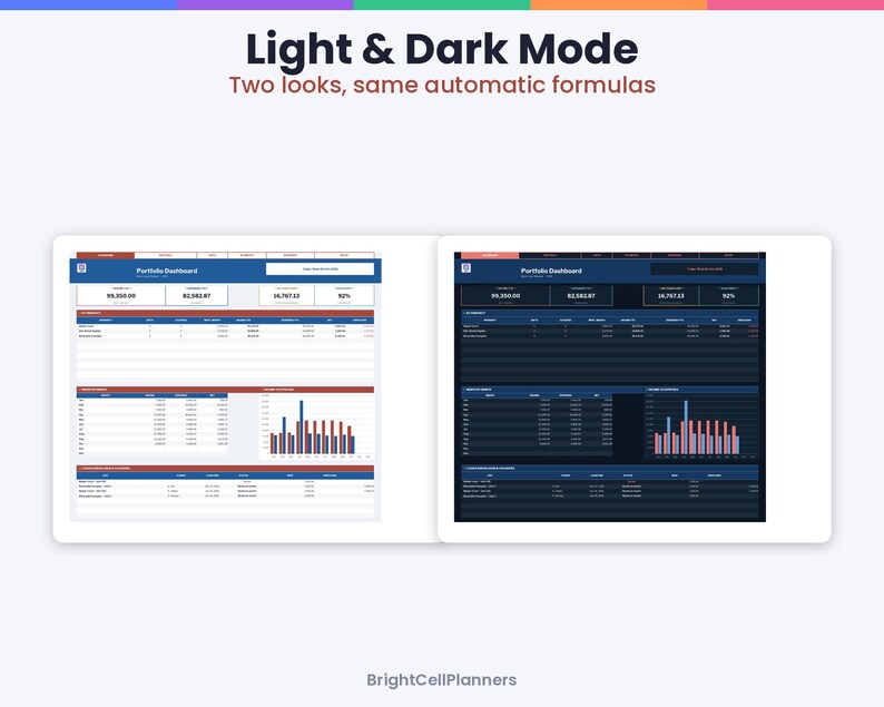 May include: A digital portfolio dashboard template displayed in light and dark modes. The interface features tables, bar charts, and numerical data summaries. Text includes Light & Dark Mode, Two looks, same automatic formulas, Portfolio Dashboard, and BrightCellPlanners.