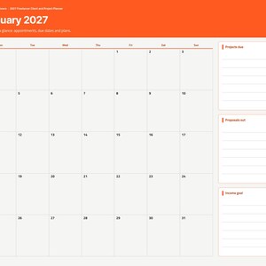 May include: A digital planner page for January 2027 with an orange header, a monthly calendar grid, and three lined sections on the right labeled Projects due, Proposals out, and Income goal, plus a sidebar with navigation tabs.