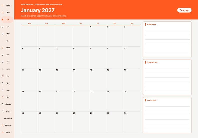 May include: A digital planner page for January 2027 with an orange header, a monthly calendar grid, and three lined sections on the right labeled Projects due, Proposals out, and Income goal, plus a sidebar with navigation tabs.