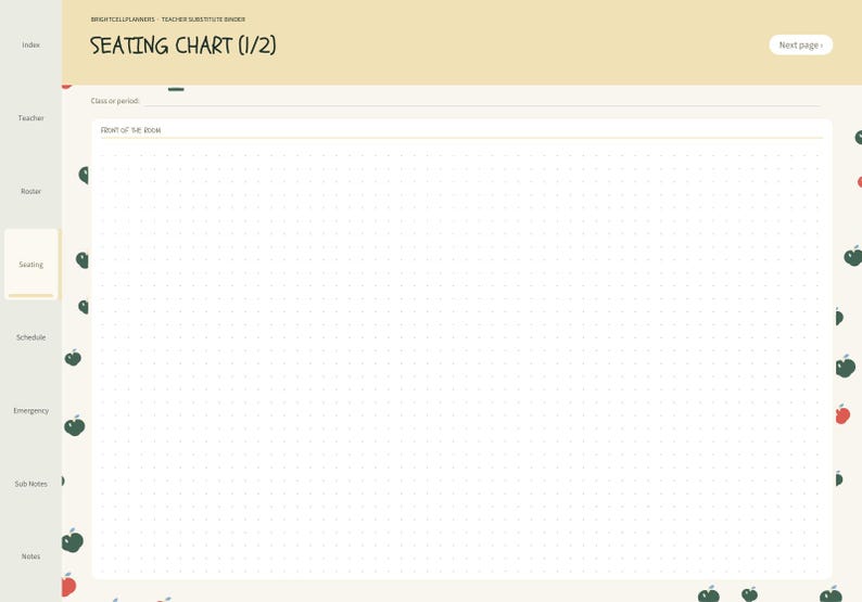 May include: A digital seating chart planner page with a cream background and a border featuring small red and green apple illustrations. The header reads SEATING CHART (1/2) and includes a field for Class or period and Front of the room.