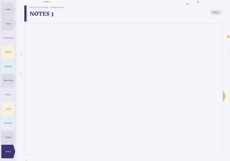 May include: A digital planner page titled NOTES 3 with a light purple background. The left side features a vertical navigation bar with tabs labeled Index, Setup, Dream Log, Sketch, Symbols, Recurring, Pixels, Lucid, Prompts, Toolkit, and Notes.