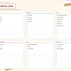K&ouml;nnte beinhalten: Eine digitale Reiseplaner-Seite mit der &Uuml;berschrift Packing Lists und Abschnitten f&uuml;r Clothes, Toiletries, Car kit, Snacks and drinks, Kids und Last check. Jeder Bereich enth&auml;lt Kontrollk&auml;stchen und Linien auf hellcremefarbenem Grund.