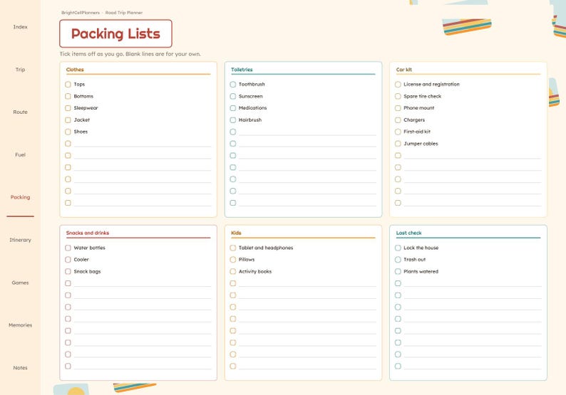 K&ouml;nnte beinhalten: Eine digitale Reiseplaner-Seite mit der &Uuml;berschrift Packing Lists und Abschnitten f&uuml;r Clothes, Toiletries, Car kit, Snacks and drinks, Kids und Last check. Jeder Bereich enth&auml;lt Kontrollk&auml;stchen und Linien auf hellcremefarbenem Grund.
