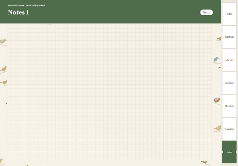 May include: A digital bird watching journal page titled Notes 1 with a cream grid background. The top header is dark green with a Next button. A vertical sidebar on the right features tabs for Index, Sightings, Life List, Locations, Sketches, Migration, and Notes.