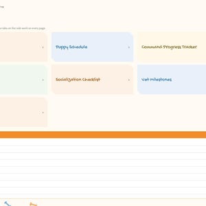 May include: A digital dog training log planner page with an index featuring tiles for Puppy Profile, Puppy Schedule, Command Progress Tracker, Potty Log, Socialization Checklist, Vet Milestones, and Notes, plus a lined Quick notes section.
