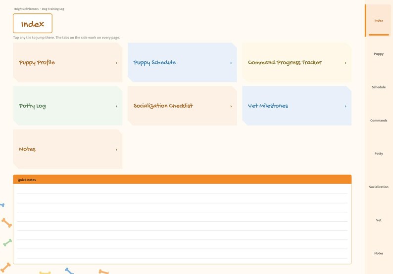 May include: A digital dog training log planner page with an index featuring tiles for Puppy Profile, Puppy Schedule, Command Progress Tracker, Potty Log, Socialization Checklist, Vet Milestones, and Notes, plus a lined Quick notes section.