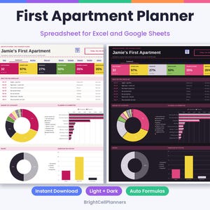 May include: A digital First Apartment Planner spreadsheet for Excel and Google Sheets featuring light and dark mode dashboards. The interface displays Jamie's First Apartment with progress bars, pie charts, bar graphs, and checklists in pink, yellow, and gray.