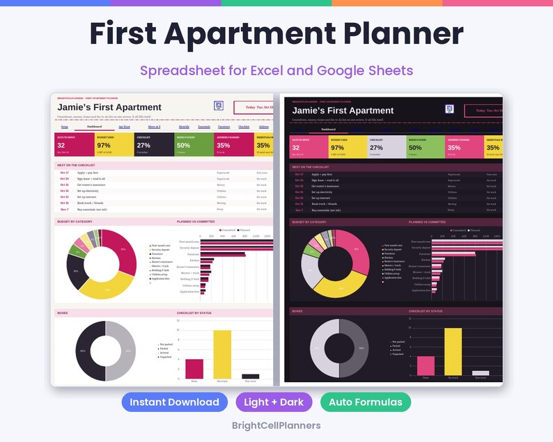 May include: A digital First Apartment Planner spreadsheet for Excel and Google Sheets featuring light and dark mode dashboards. The interface displays Jamie's First Apartment with progress bars, pie charts, bar graphs, and checklists in pink, yellow, and gray.